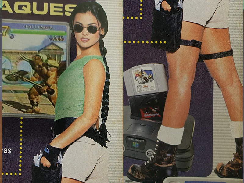 Modelo caracterizada como Lara Croft em ensaio fotográfico estilo anos 90