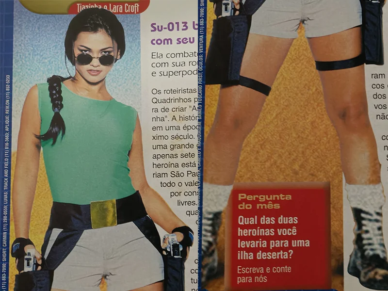 Tiazinha caracterizada como Lara Croft em ensaio da revista Ação Games nos anos 90