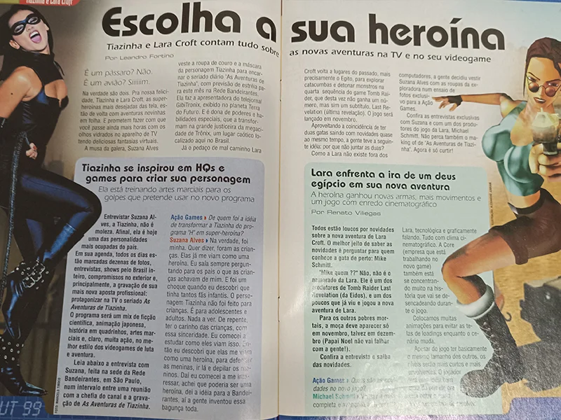 Página dupla da revista Ação Games com matéria Escolha a sua heroína mostrando Tiazinha e Lara Croft