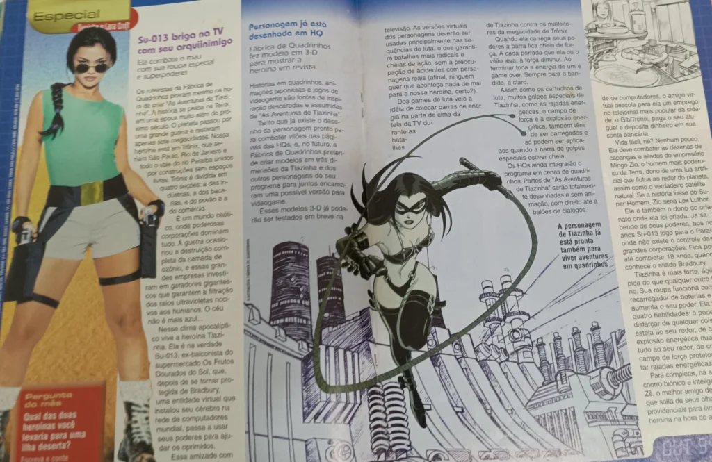 Página especial da revista Ação Games mostrando Tiazinha caracterizada e ilustração da personagem em versão HQ