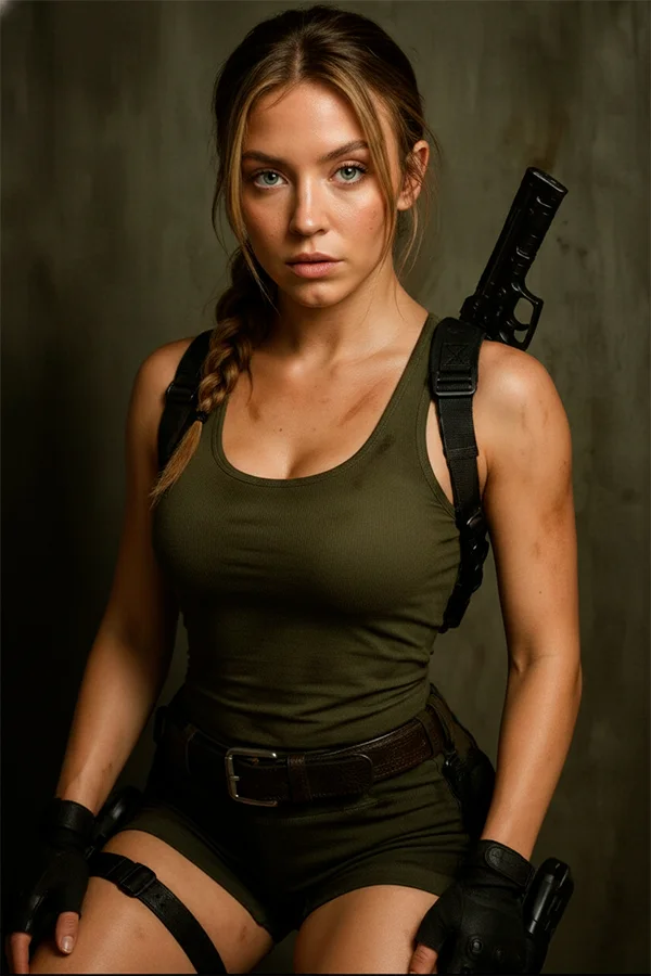 Arte digital realista mostra Lara Croft com regata verde, coldre no ombro e visual inspirado em Tomb Raider